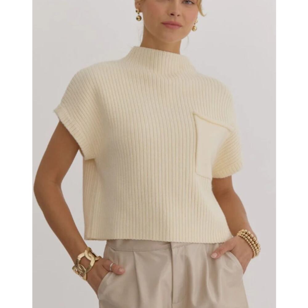 Lillusory Short Sleeve Pocket Cropped Sweater Size Large Ribbed Old Money Luxury
